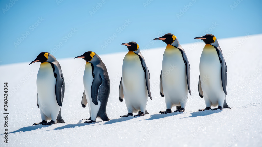 Fototapeta premium Majestic penguins standing in line on snowy landscape, showcasing their unique colors and features under clear blue sky