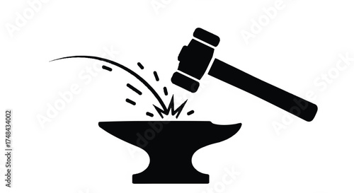 Black silhouette of a judge's gavel hitting an anvil with sparks flying, on a white background.