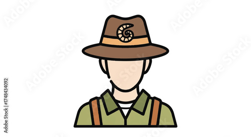 A cartoon illustration of a faceless person wearing a brown hat and green shirt with orange suspenders on a white background.
