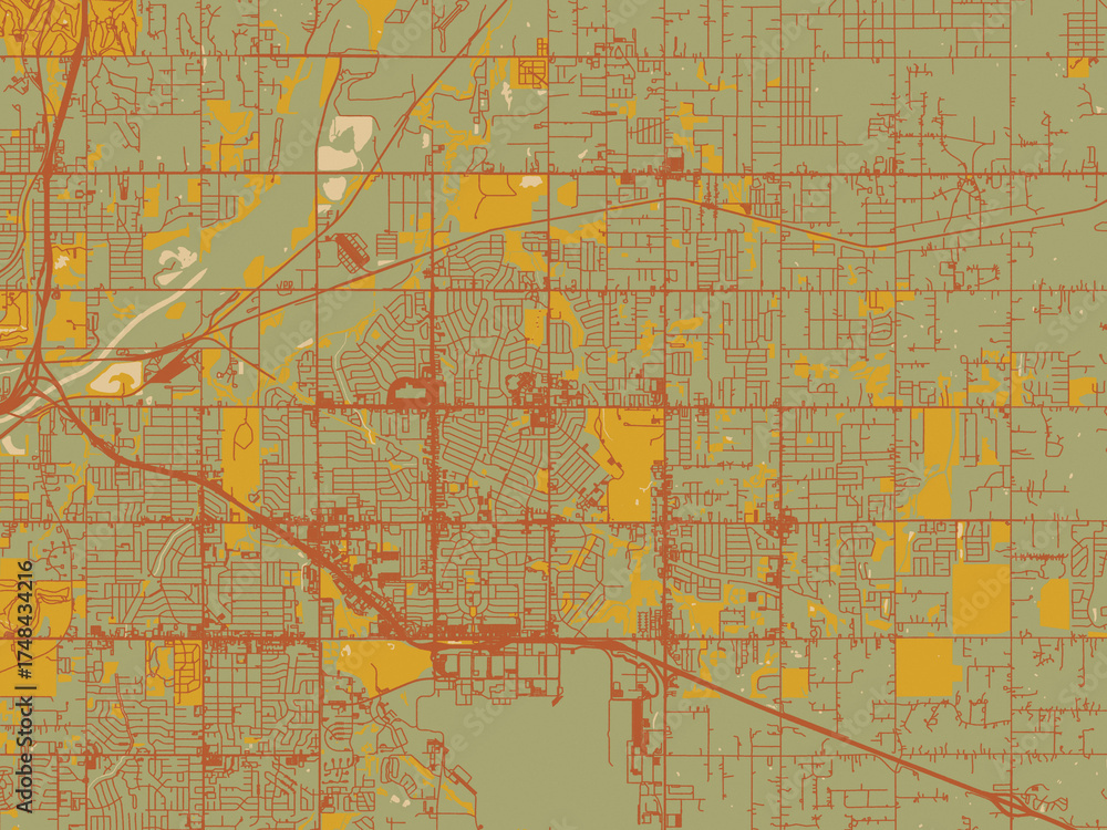 Naklejka premium Decorative flat city map of Midwest City, Oklahoma using olive backdrop with warm rust street network and ochre blocks.