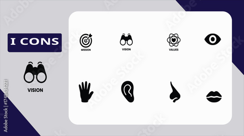 Collection of sensory organ icons representing sight hearing smell taste touch and perception vector