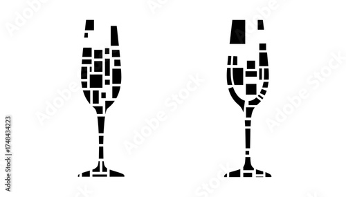 Mosaic champagne flute silhouettes on transparent background
