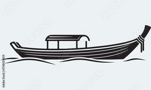 Traditional Thai Longtail Boat Silhouette on Water Vector Illustration Graphic Art