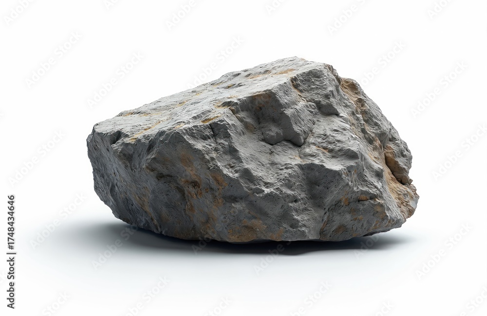 Fototapeta premium Rough grey stone isolated on white background. This natural element has a textured surface and hard material. Useful for geology or construction concepts.