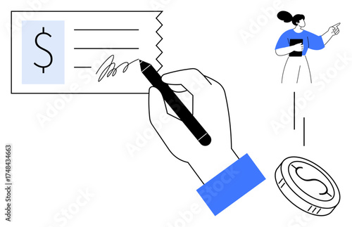 Hand signing check with pen, coin, and professional woman holding tablet in discussion. Ideal for finance, banking, payments, business management, professionalism transactions contracts. Simple