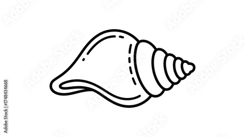 Simple hand drawn black and white outline of a spiral seashell on a white background