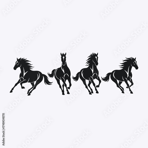 Four galloping horses in a dynamic pose black and white silhouette