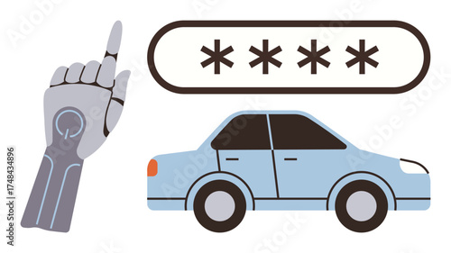 Robotic hand interacting with password panel above a car, showcasing advanced technology and automation in vehicle security. Ideal for security, innovation, AI, automation, password protection