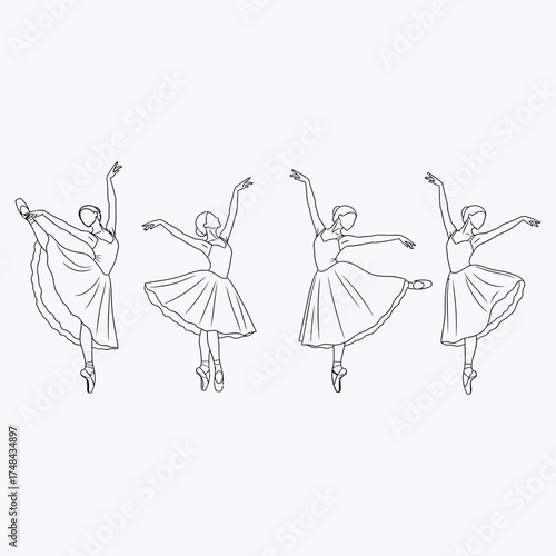Four ballet dancers depicted in elegant poses line art illustration