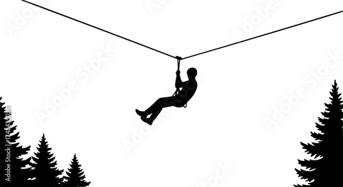 Silhouette of a person ziplining through the air enjoying outdoor adventure activities.
