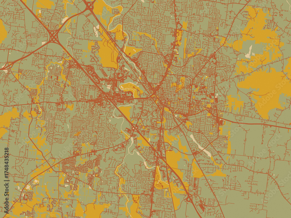Fototapeta premium Vector-style flat map of Murfreesboro, Tennessee with olive backdrop with warm rust street network and ochre blocks.