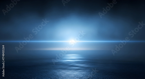 Abstract blue light over calm water surface glow horizon