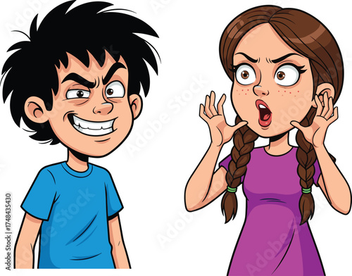 Boy and girl cartoon expressions, funny kids illustration, playful emotions, humorous reaction, exaggerated faces, children’s art, creativity, imagination, fun