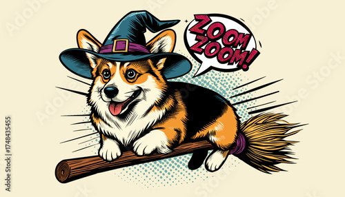 Corgi dog flying on witch broom in comic pop art retro style, empty speech bubble