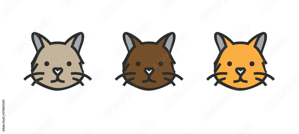 Obraz premium Set of three stylized cat face icons with whiskers, in different colors (grey, brown, and orange). Excellent for use as avatars, mascots, stickers, or any feline-themed design.