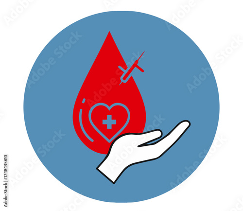 Blood Donation and Health Care Icon with Hand, Drop, and Syringe – Medical Charity Illustration