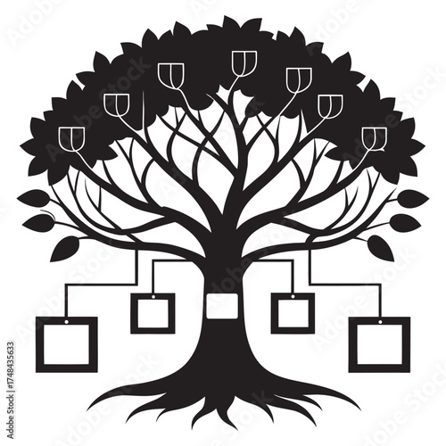 Silhouette of a stylized family tree with square frames representing individuals, Silhouette a stylized genealogical tree with square frames representing family members branching out from the trunk.