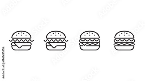 Simple line art icons of four different burgers, showcasing variety and simplicity for food concepts.