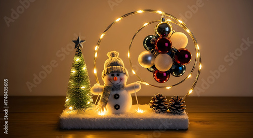 Glowing snowman with festive wreath and mini tree on snowy base, warm lights create cozy holiday magic — perfect for Christmas cards, ads, and seasonal decor.