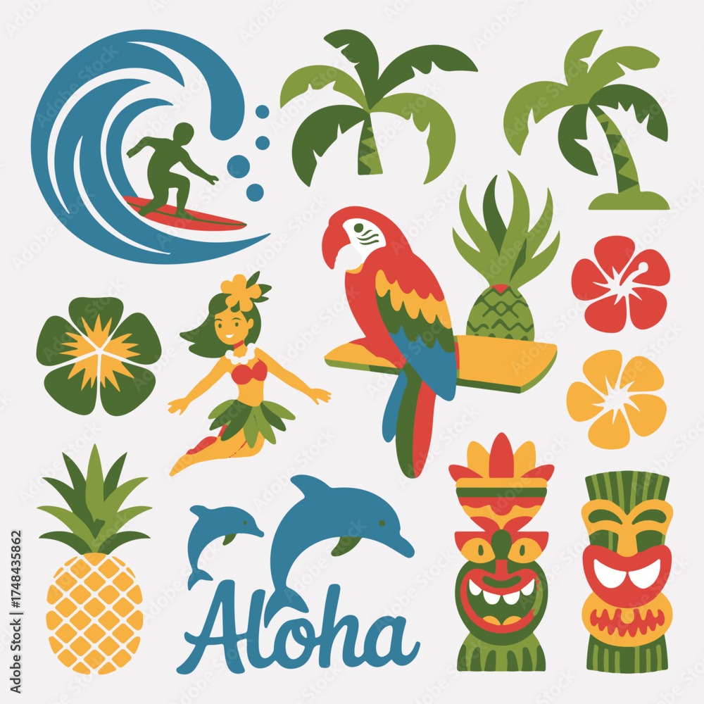 Obraz premium Flat Style Tiki Masks, Surfer, Parrots, and Dolphin Illustrations