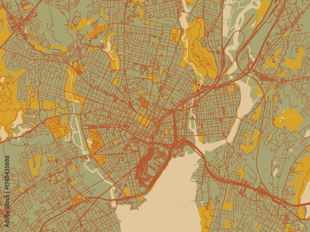 Fototapeta premium Flat painterly map of New Haven, Connecticut in earthy sage background with rust roadways and ochre details.