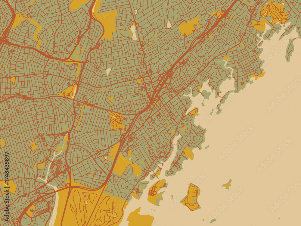 Obraz premium Minimalist flat city map of New Rochelle New, York with sage green ground with rust-red roads and ochre accents.
