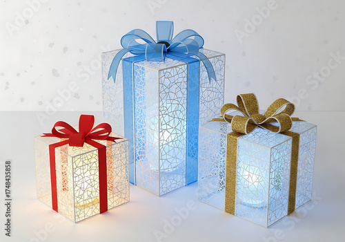 Three glowing gift boxes with satin ribbons in red, blue, gold — elegant luminous presents for holidays, weddings, or luxury branding, softly lit with bokeh sparkles.