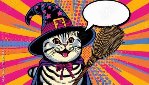 Scottish Fold cat in witch costume with broom in bright pop art retro design, empty speech bubble
