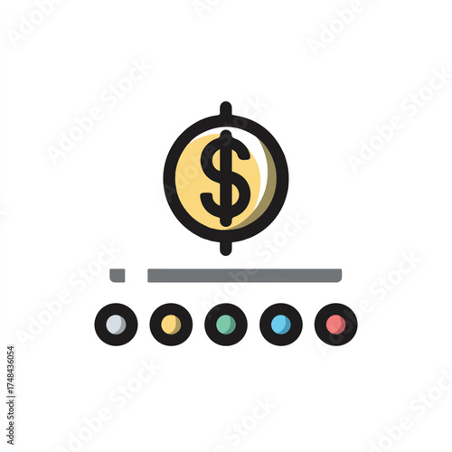 Dollar sign icon with multiple colored circles representing diversified financial options and investment strategies for business and personal finance growth