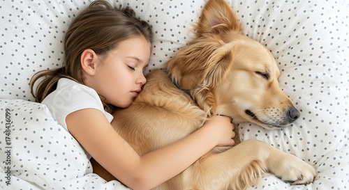 Serene child cuddling golden retriever in polka-dot bedding — pure innocence and companionship captured, ideal for parenting, pet love, or bedtime product campaigns.