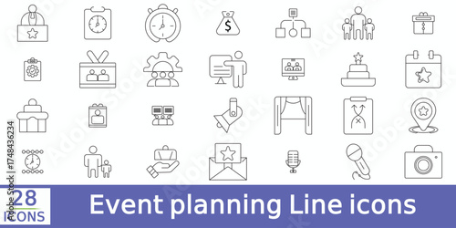  Event planning thin line icons set.
