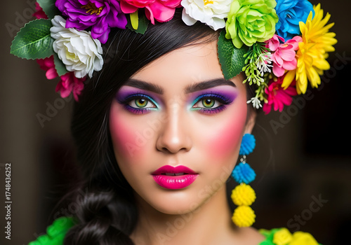 Vibrant floral crown and bold makeup on woman’s face — festive cultural look, perfect for beauty, festival, or fashion campaigns celebrating color and tradition.
