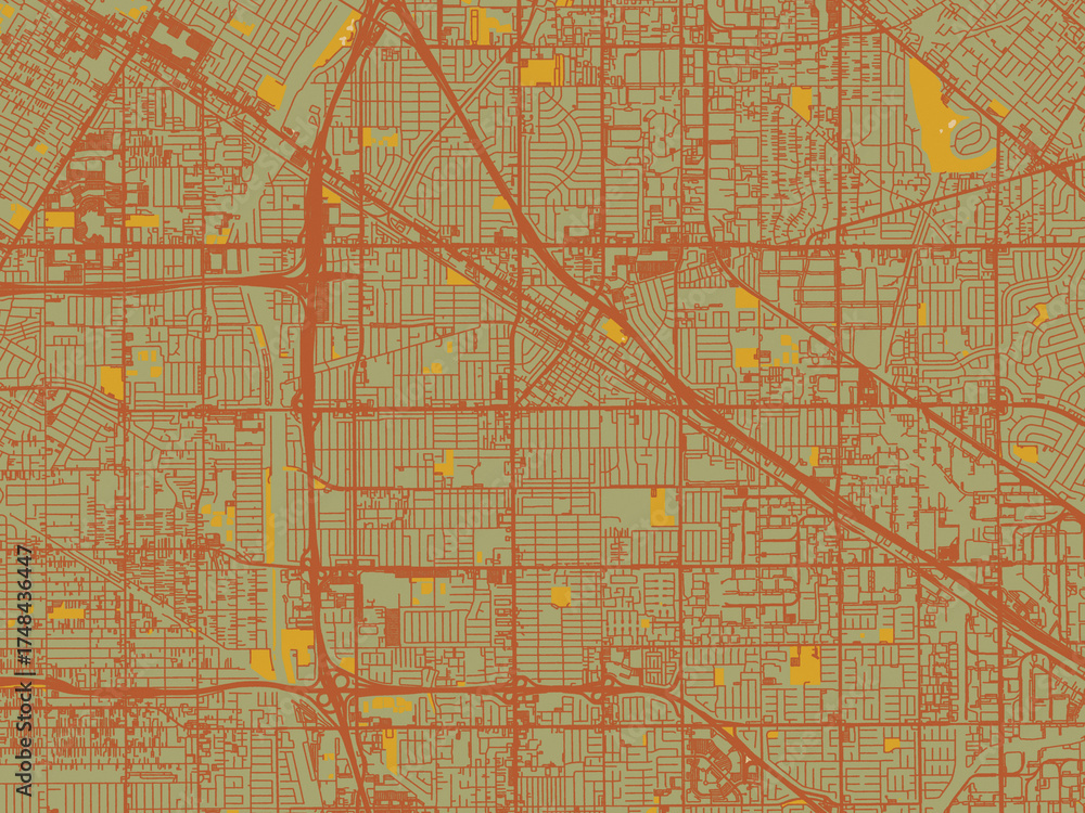 Obraz premium Abstract flat-design map of Norwalk, California, featuring olive backdrop with warm rust street network and ochre blocks.