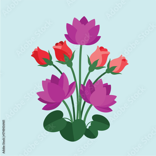 Blooming lotus and rose flowers arranged elegantly on light blue surface, showcasing beauty and tranquility in floral art.