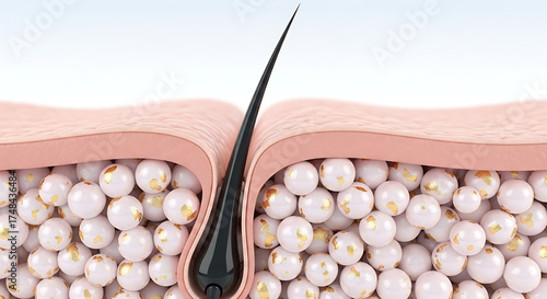 Medical illustration of hair follicle with oil glands under skin — detailed dermatology concept, ideal for skincare, acne education, or cosmetic science visuals.