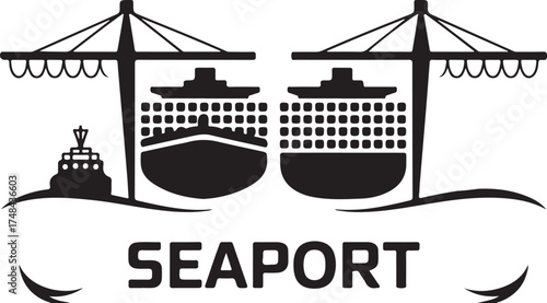 Seaport Vector Illustration Cargo Ships Docks Cranes Maritime Transport Logistics Trade