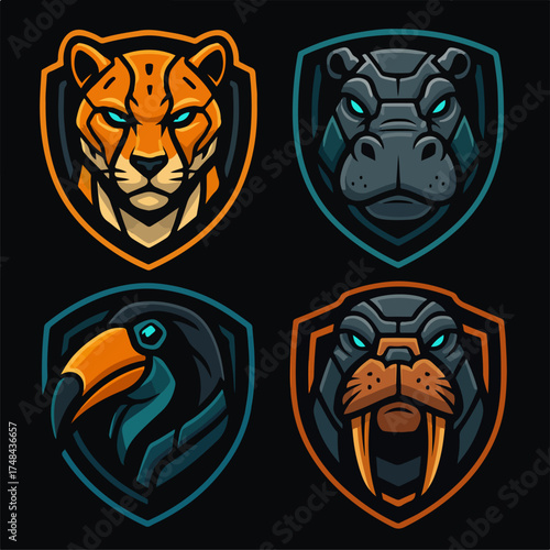 FOUR ANIMAL BADGES TIGER HIPPO TOUCAN WALRUS MATCHED VECTOR MASCOT SET