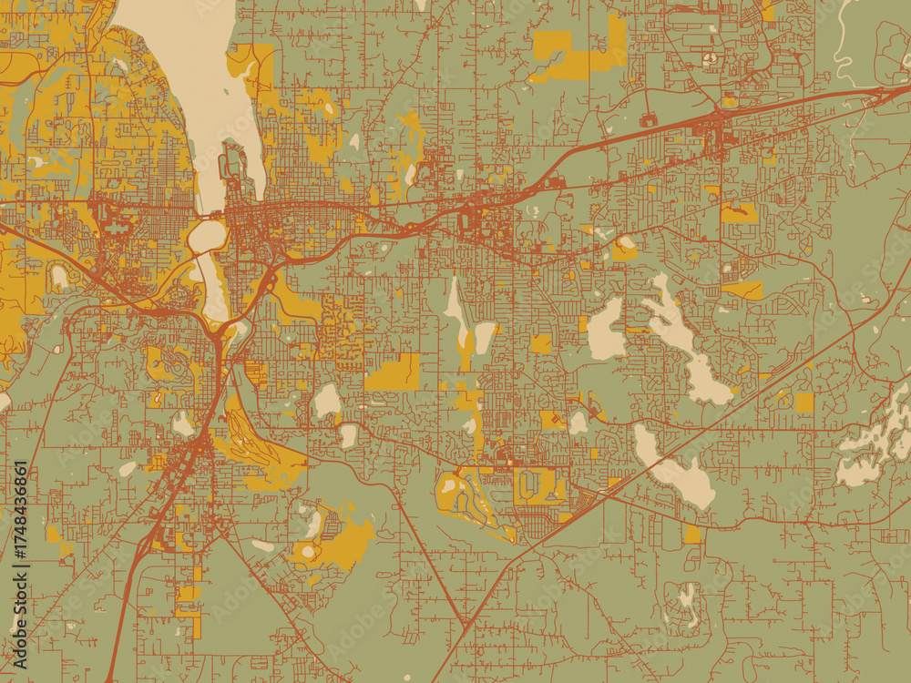 Fototapeta premium Contemporary flat map of Olympia, Washington rendered with muted sage base, rust-colored roads, and soft ochre highlights.