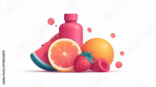 Colorful fruit and beverage illustration, pink, orange, and red, representing sweet and refreshing drinks