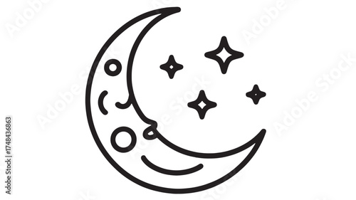 Whimsical crescent moon with a smiling face and sparkling stars