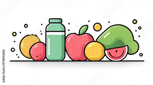 Playful healthy food illustration, colorful with black outlines, representing fresh nutrition and natural products, with copy space
