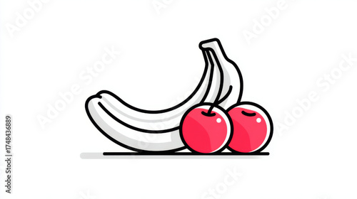 Minimalist fruit illustration, white, red, and black, representing healthy snacks and natural freshness