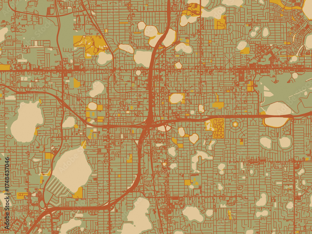 Obraz premium Minimalist flat city map of Orlando, Florida with sage/olive tone field with rust networks and ochre shapes, cream water.