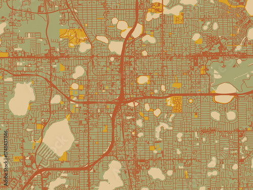 Minimalist flat city map of Orlando, Florida with sage/olive tone field with rust networks and ochre shapes, cream water.