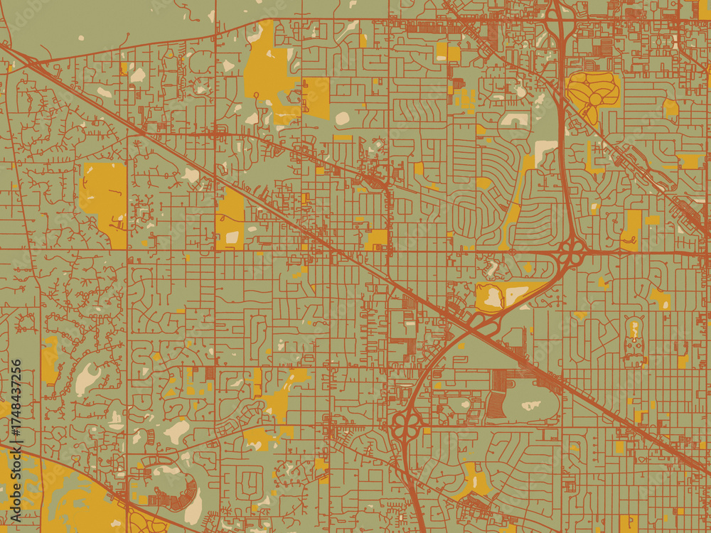 Obraz premium Stylized minimalist map of Palatine, Illinois in earthy sage background with rust roadways and ochre details.