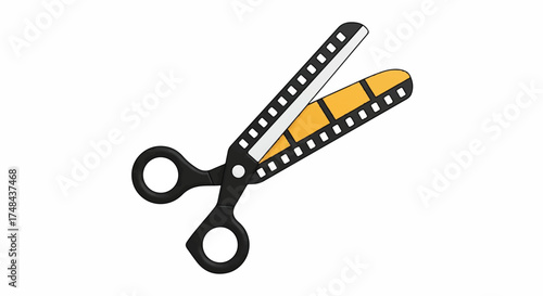 Graphic illustration of scissors cutting through a film strip on a clean white background with bold black and yellow colors.