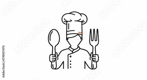 A chef wearing a face mask holds a spoon and fork on a clean white background in a simple line drawing style.
