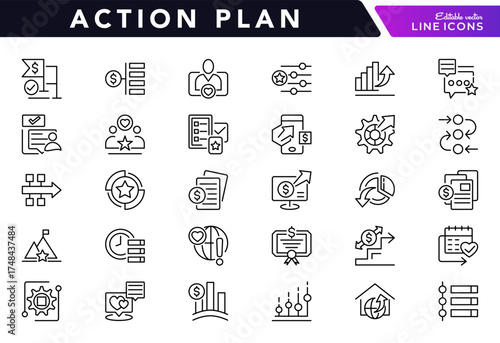 Action plan line icon collection. Schedule, plan, implementation, strategy, analysis, collaboration, tasks, goal, management, timeline, workflow vector line icon. Editable stroke