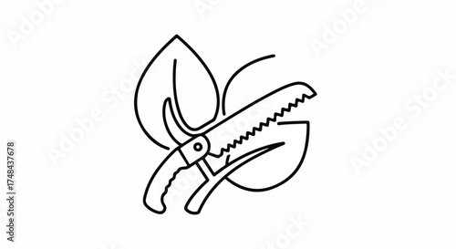 A simple line drawing of pruning shears on a leaf on a white background with a minimalist style.