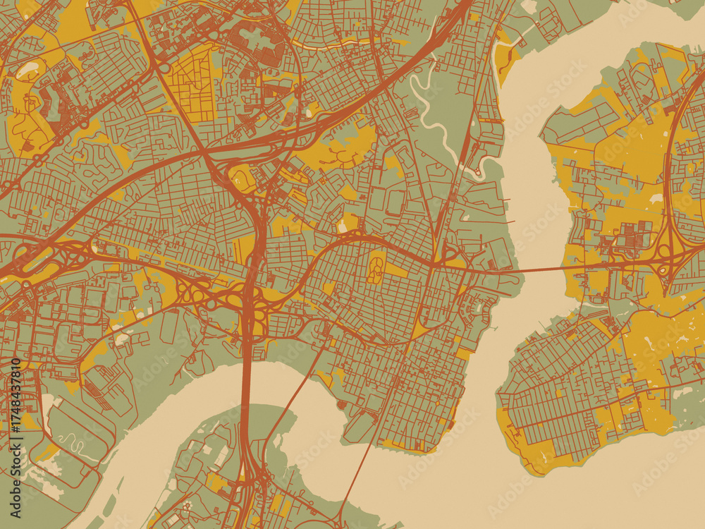 Obraz premium Poster-ready flat map of Perth Amboy, New jersey, earthy sage background with rust roadways and ochre details.
